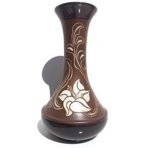 vintage Pottery Craft trumpet vase brown white flower stoneware